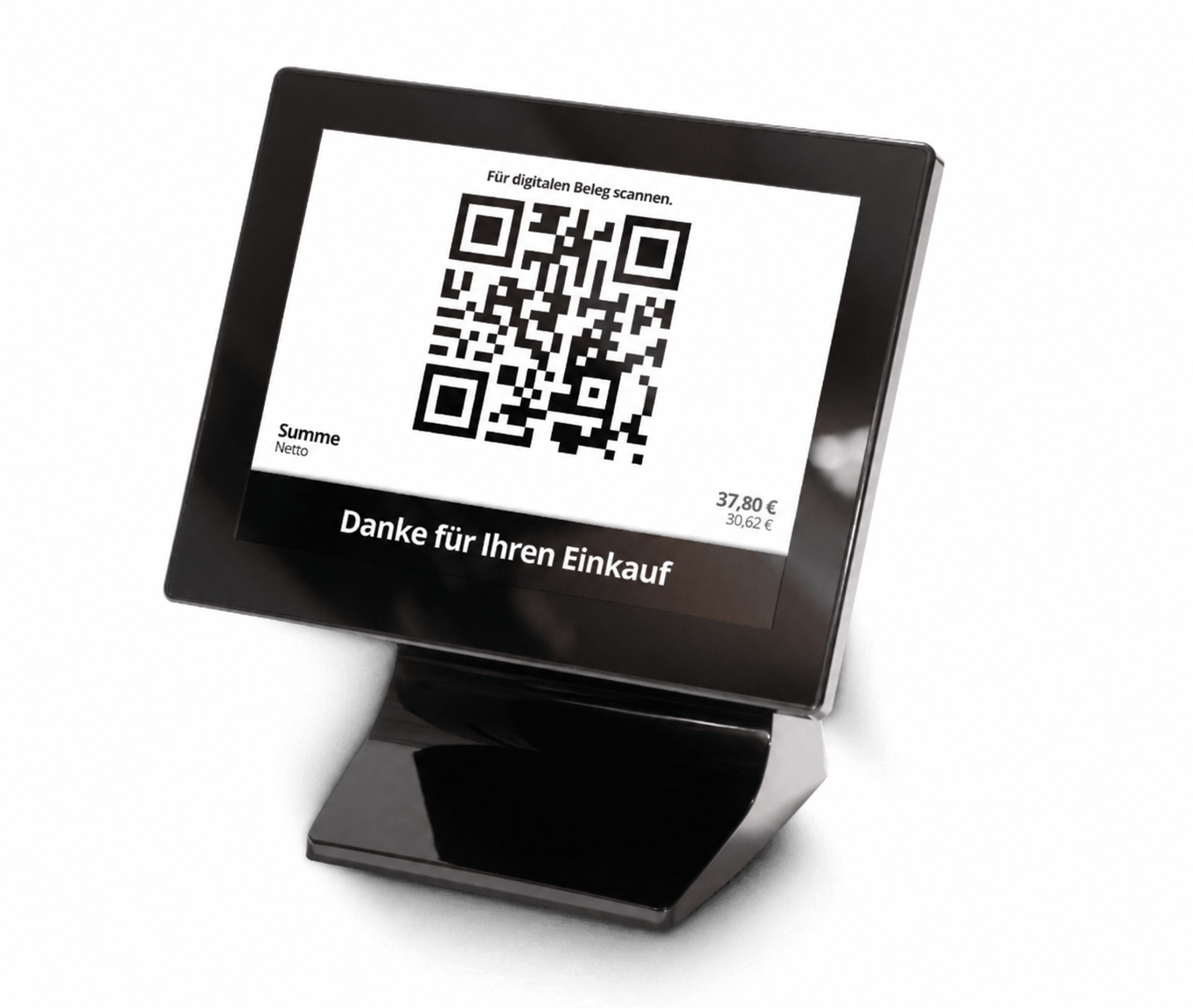Kundendisplay einer Kasse mit QR-Code zum Abruf eines digitalen Belegs
